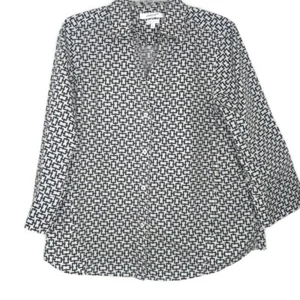 Foxcroft Damen Bluse Größe Large Knopfleiste 3/4 Arm V-Ausschnitt schwarz weiß - Bild 1 von 11