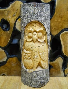 Carved Wooden Half Tree Log Statue Owl 50 cm Indoor/Outdoor Decoration Natural - Picture 1 of 8
