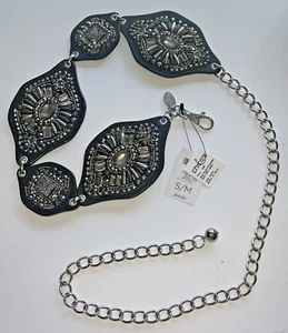 Chico’s  Belt Selma Beaded Boho Leather Chain S/M Black Beaded Adjustable NWT - Picture 1 of 19