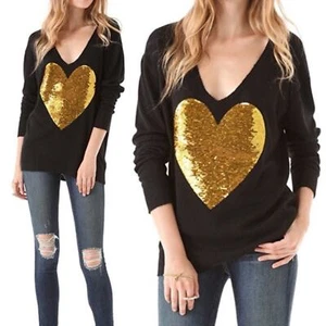 Wildfox Sweater Plunging V Neck Gold Sequins Heart Graphic Black Womens Medium - Picture 1 of 8