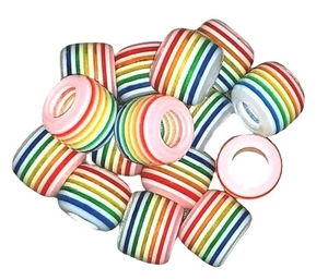 25 Bright Striped 11mm Barrel Pony Kids Craft Hair Large Big 6mm Hole Beads - Picture 1 of 1