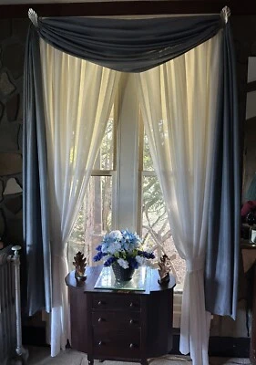 Lrge. Vintage Blue Sheer Curtain Topper Blue Window Scarf with white drape ends. - Image 1 of 3