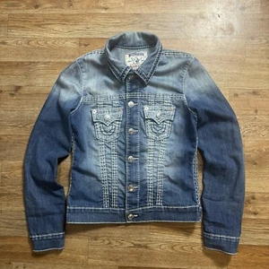 True Religion Denim Jacket Womens Large L Jimmy Blue Distressed Faded Snap Adult - Picture 1 of 8
