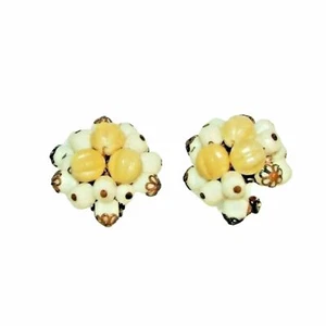 Vintage Earrings White Beige Cluster Bead Clip On Marked W Germany - Picture 1 of 5