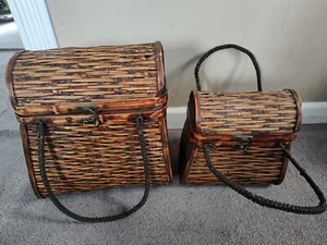 Two Vintage Hinged Basket with Rounded Top Two Side Handles Clasp to Close - Picture 1 of 15