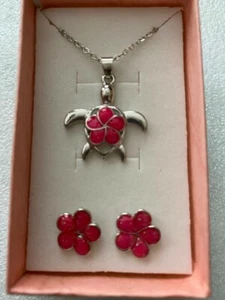 Cute New Silver Rose Pink Resin Fire Opal Turtle Pendant Necklace & Earrings Set - Picture 1 of 4