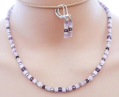 2er Schmuckset Kette Ohrringe Würfel Cube Cat Eye Kristallglas Strass Lila  556 - Bild 1 von 4