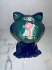 Big Headed Kitty Cat Piggy Bank,  6” Ceramic Hand Painted Blue & Green Whimsical