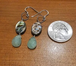 Sterling silver long earrings, abalone and green Masonite, green color, handmade - Picture 1 of 2