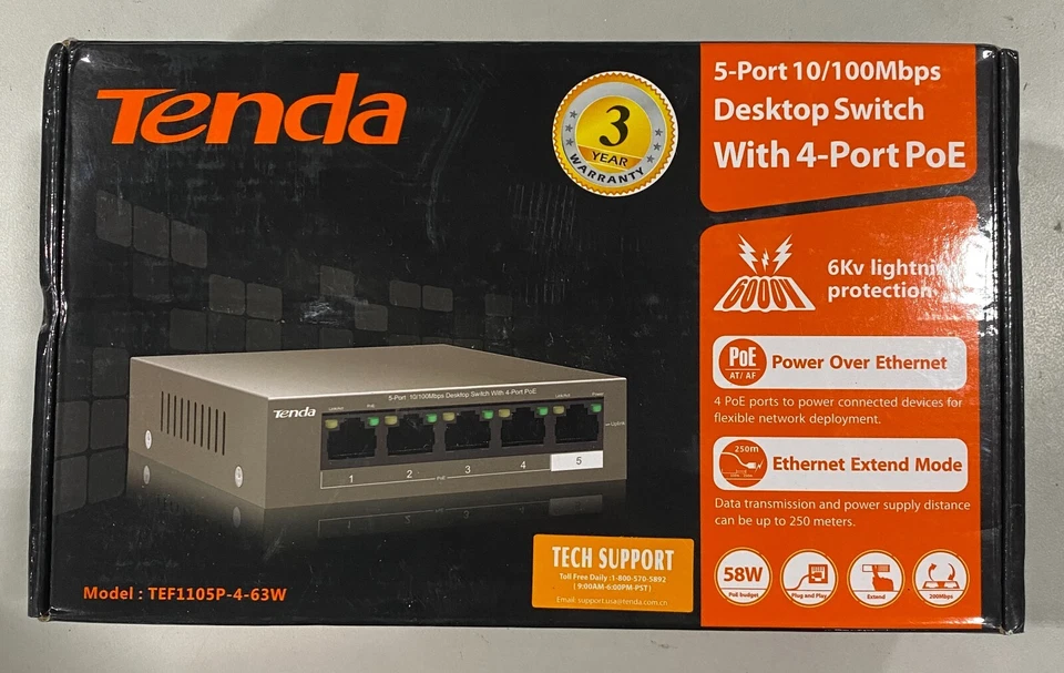 Tenda TEF1105P-4-63W 5 Port 10/100Mbps Desktop Switch with 4-Port PoE - Image 1 of 1
