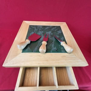 Vintage Wood and Tile Cheese Cutting Board with Drawer and 3 Utensils 🧀 - Picture 1 of 5