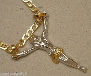 Men's Rhodium Yellow Gold Plated 24in Long 4mm Cuban Chain & Christ Charm Set - Picture 1 of 5