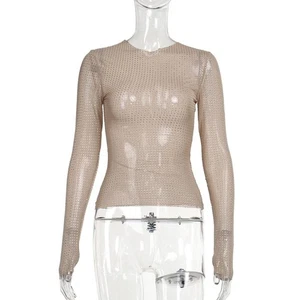 Solid Color See Through T Shirt Sparkling Long Sleeve Tights Party - Picture 1 of 11
