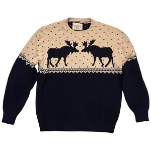 Weatherproof Vintage Moose Fair Isle Crewneck Beige Navy Cotton Sweater Size L - Picture 1 of 9