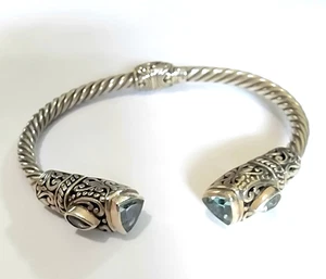 Annika Witt Bali ATI 925 Sterling Silver Hinged Blue Topaz Cable Cuff Bracelet - Picture 1 of 9