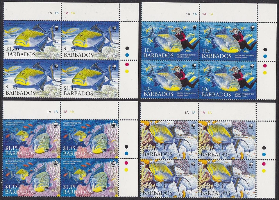 Barbados WWF Queen Triggerfish Buceo 4v Esquina Bloques de 4 2006 MNH Foto 1 de 1