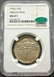 1938-S OREGON TRAIL COMMEMORATIVE SILVER HALF DOLLAR NGC MS67+ CAC 9XEAA25 - Picture 1 of 4