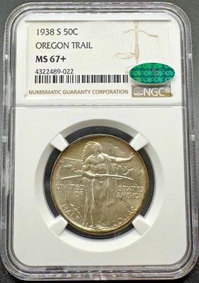 1938-S OREGON TRAIL COMMEMORATIVE SILVER HALF DOLLAR NGC MS67+ CAC 9XEAA25 - Image 1 of 4