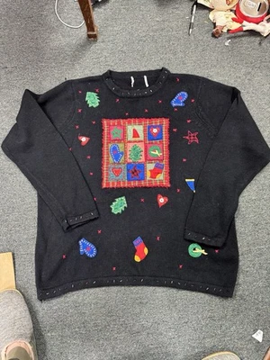The Quacker Factory Sweater Christmas Folk Art Black L Women’s Cotton Blend - Image 1 of 4