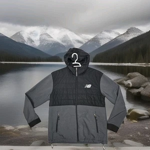 New Balance Full Zip Jacke Herren Large Mantel Kapuze schwarz grau Farbblock Runni - Bild 1 von 24