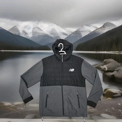New Balance Full Zip Jacket Mens Large Coat Hooded  Black Gray Color Block Runni - Image 1 of 4