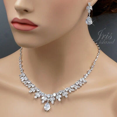 Conjunto de Joyas Mujer Circonita Cúbica Collar Pendientes Chapado en Oro Blanco Boda 208 Foto 1 de 4