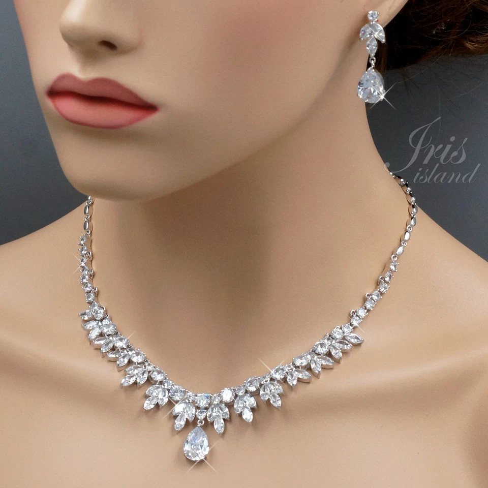 Conjunto de Joyas Mujer Circonita Cúbica Collar Pendientes Chapado en Oro Blanco Boda 208 Foto 1 de 4