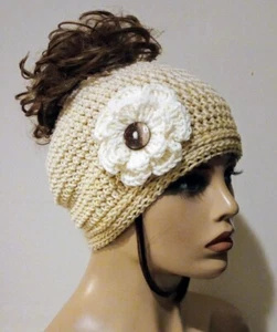 crochet womans handmade messy bun hat flower beanie puffs sand brown new - Picture 1 of 3