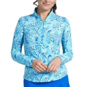 IBKUL Krista Blue / Turquoise Mock Zipper Long Sleeve Top  50 SPF  MSRP $100 - Picture 1 of 14