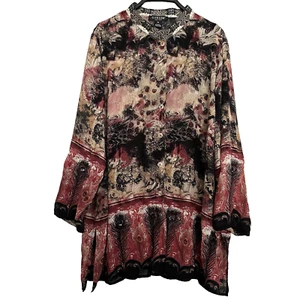 CITRON Santa Monica 2X Silk Mandarin Tunic Blouse Peacock Feather Embellished - Picture 1 of 7