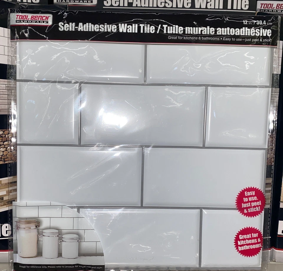 Tool Bench Hardware Self Adhesive White Wall brick Tile 12x12" Subway 7 Ct. New - Image 1 of 1