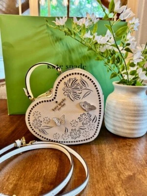 Kate Spade Love Shack Perforated Heart Crossbody Butterfly Purse Meringue Floral - Image 1 of 4