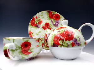 Juego de té Sorelle para uno (1) - Rosas hechas a mano con adornos dorados - Imagen 1 de 18