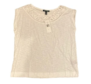 Lauren Ralph Lauren Tank Bluse weiß Spitze Ausschnitt Baumwolle ärmellos Passe Große L - Bild 1 von 7
