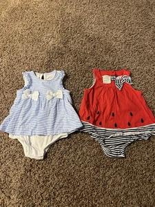 First Impression Set of 2 Dress Rompers Light Blue Striped Watermelon Size 12m - Picture 1 of 10