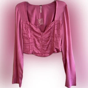 NWOT Free People Hot Pink Ruched Front Sweetheart Neck Long Sleeve Crop Top S - Bild 1 von 10