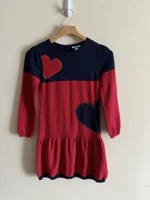 Hartstrings Red Blue Heart Long Sleeve Sweater Dress 100% Cotton Girls 10/12 - Image 1 of 3
