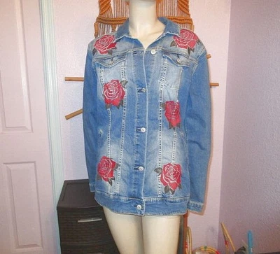 Rose Embroidered Jean Jacket Size L Long Stretch Denim Western Boho Cowgirl 90s - Image 1 of 4