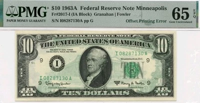 1963A FRN Minneapolis $10 dollars Fr# 2017-I PMG 65 EPQ  OFFSET  PRINTING ERROR - Image 1 of 2