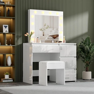 High Gloss White Dressing Table Vanity Makeup Desk 4 Drawers& Stool& LED Mirror - Image 1 of 4
