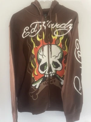 New Mens ED HARDY Signature Skull Flames Full Zip Hoodie Size XL - Image 1 of 4