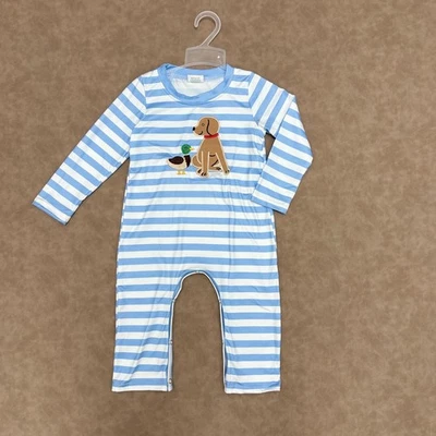 Lindo traje y mameluco a rayas azules pato perro caza hermano bebé niño Foto 1 de 3