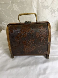 Boho Carved Wood Box Purse Handbag - Wrapped Handles Metal Latch Vintage - Picture 1 of 10