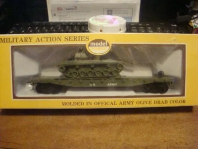 MODEL POWER #9160 US ARMY flatcar w/ M47 Patton tank OLIVE COLOR w/ knuckle coup - Image 1 of 4