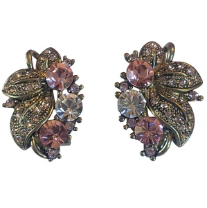 JEWELMINT Pink Rhinestone Floral Leaf Rhinestone Pierced Clip back earrings - Picture 1 of 5
