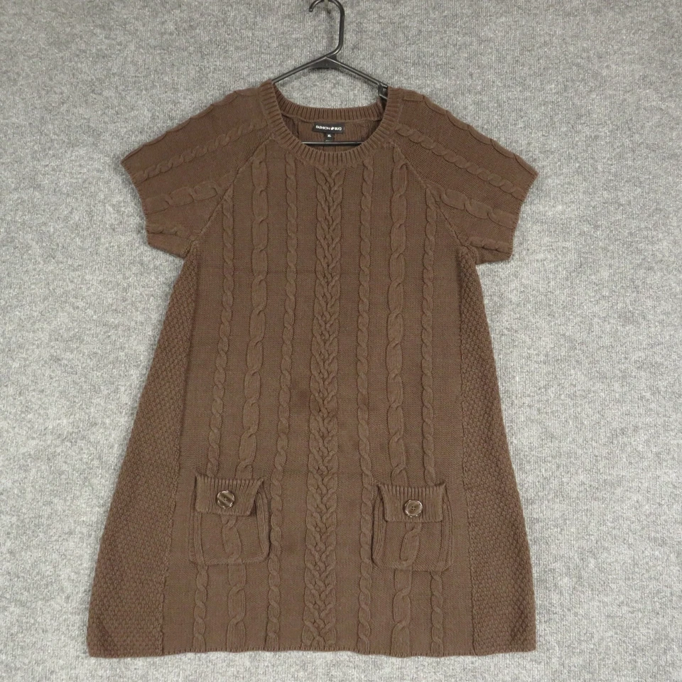 Fashion Bug Dress Girls Extra Large Brown Short Sleeve Round Neck Knit w Pockets - Image 1 of 4