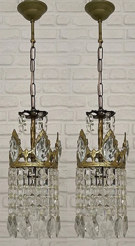 Matching Pair of Antique Vintage Brass & Crystals Small Chandelier Ceiling Lamp Cover