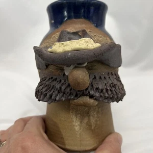 UGLY FACE Signed Pottery Stoneware Blue Glaze Mug 3D Mustache Cowboy Hat - Picture 1 of 8