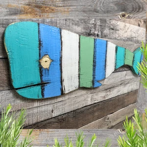 Decorazione parete balena in legno rustica accento vivaio tema oceano soggiorno costiero - Foto 1 di 6