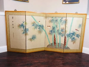 Chinesischer MCM Vintage 4 Panel Tisch Bildschirm bemalt Seide 72 x 36 Zoll - LESEN - Bild 1 von 24